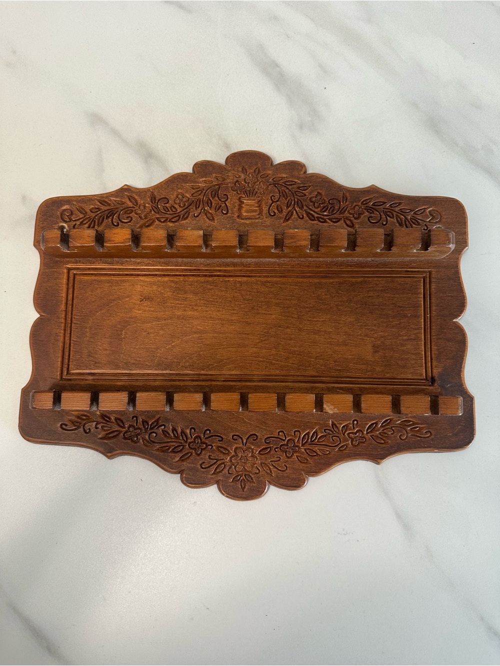 Vintage Carved Wooden Souvenir Spoon Wall Rack in Brown